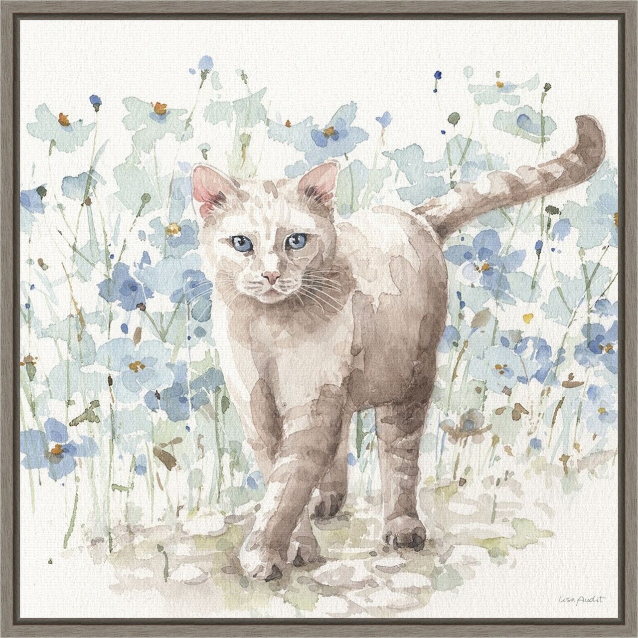 Bohemian Blue Cat I by Lisa Audit 16-in. W x 16-in. H. Canvas Wall Art Print Framed in Grey